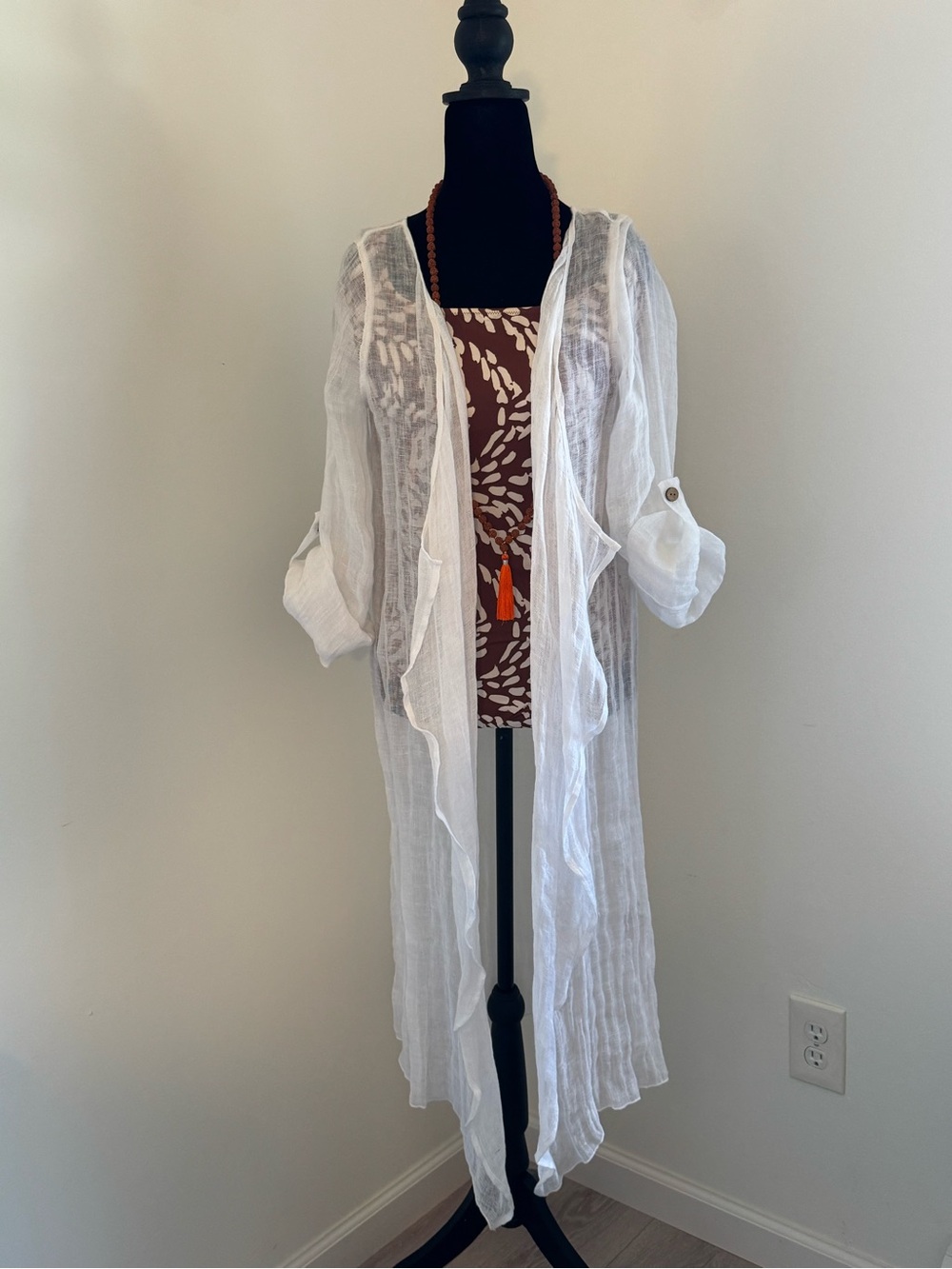 Soft Surroundings Sheer White  Button-Tab Sleeve Duster